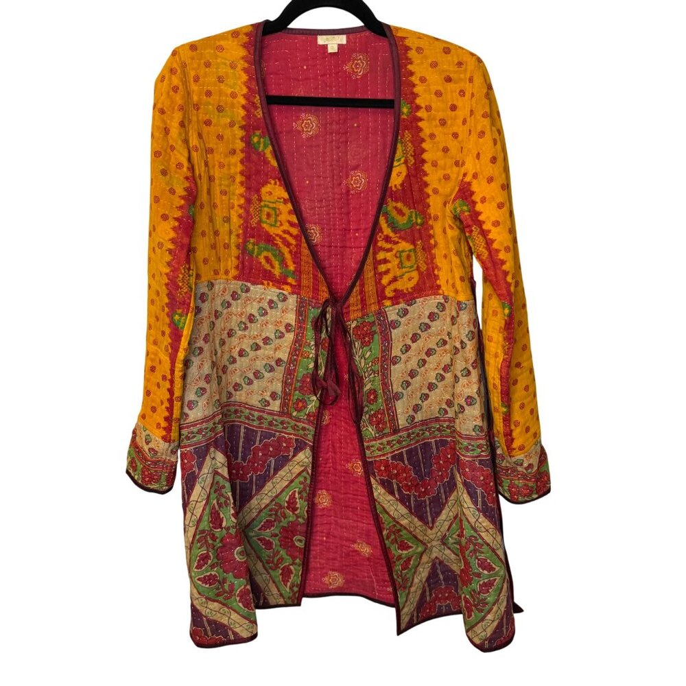 Joshi Kantha Quilt Jacket Boho Patchwork Tie Front Duster Coat Multicolor Women’